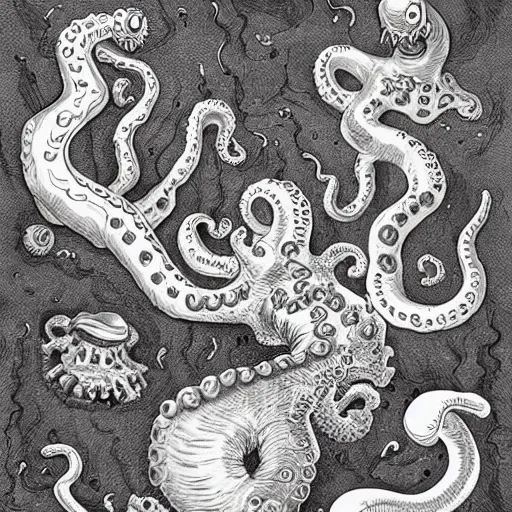 Prompt: strange bestiary of repressed unconscious cephalopod chimeras