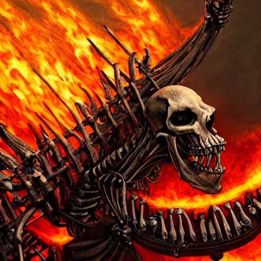 Prompt: a closeup of a skeleton demon riding a carousel in flames, beksinski, dariusz zawadzki, symmetrical, very coherent symmetrical artwork, cinematic, hyper realism, high detail, octane render, 8 k