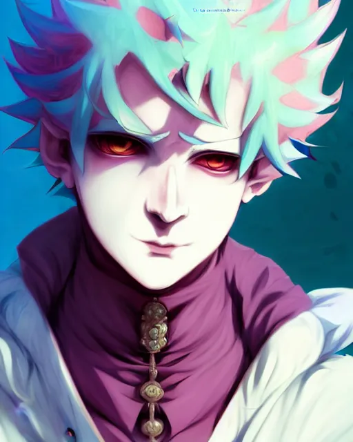 Image similar to extremely attractive soft feminine male jester / fool anime character screenshot, nagito komaeda and hisoka, anime, intricate, sharp focus, illustration, highly detailed, digital painting, cell shaded, concept art, matte, male art by ilya kuvshinov and kyoto animation and wlop, ruan jia and greg rutkowski, studio quality, masterpiece