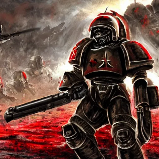 Image similar to heavy armor soldier wearing space marine like armor but in real life, walking in a river of blood full of human bloody dead bodies and human parts, shooting with his gun, explosions in background, painting style