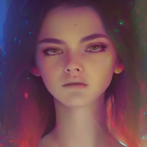 Image similar to A Stunning portrait of teen girl, art by Ross tran, vivid color palette, digital painting, 3D, octane render, post process in Photoshop, highly detailed, particles, light effect, volumetric lighting