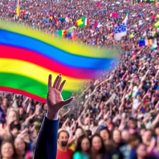 Image similar to i highly detailed photo of ben shapiro waving a rainbow flag in the middle of a crowd, realistic photo, high definition, high quality photo, detailed face, detailed body, full body