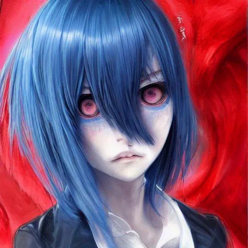 Image similar to full face shot of rimuru tempest, sky blue straight hair, long bangs, with amber eyes, wearing a fancy black jacket, high collar, ultra detailed, brush strokes, digital painting, cinematic, wlop artstation, closeup, pixiv, eerie, scary, intimidating, evil, yoshitaka amano, junji ito,