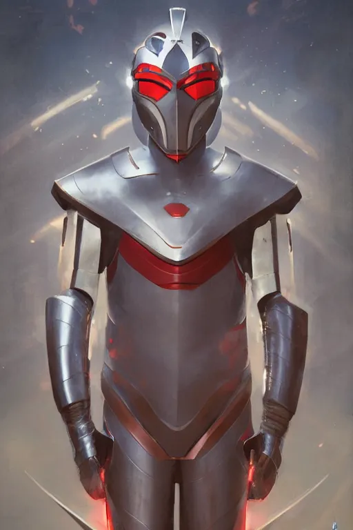 Image similar to portrait of a ultraman with japanese armor and helmet,, symmetrical, art by greg rutkowski, matte painting, trending on artstation