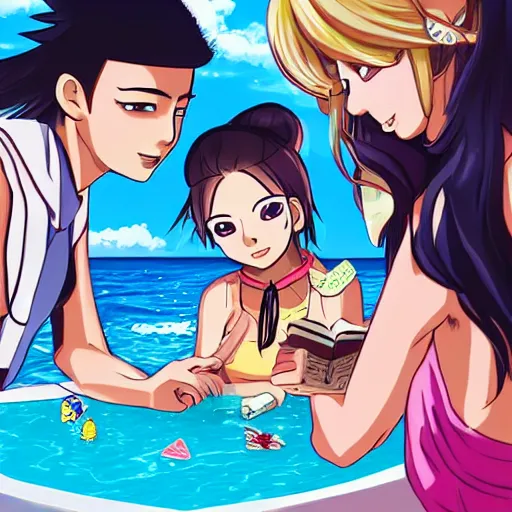 Image similar to aoi asahina from danganronpa, a tanned japanese girl with hair in a high ponytail, and percy jackson playing go fish under the ocean, beautiful digital art