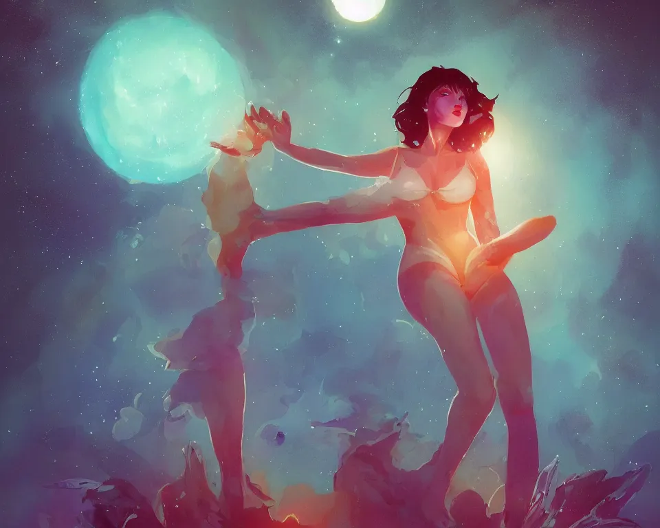 Image similar to beautiful sultry girl standing in a lake basking in the moonlight, casting a spell, under a multi-colored binary blackhole with an accretion disc, glowing trails following her arms, wearing professional makeup, synthwave, by Lois van Baarle, by Greg Rutkowski, by artgerm, by beeple, by studio ghibli, cinematic angle, volumetric lighting, 4k resolution, octane render, trending on artstation, masterpiece