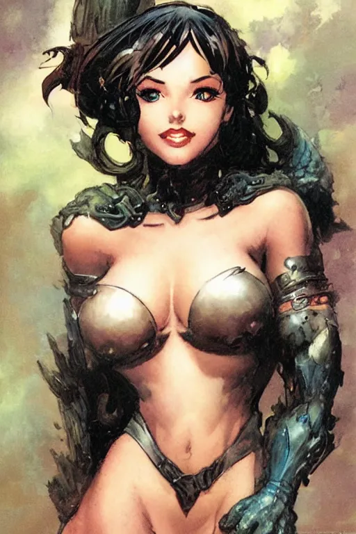 Prompt: a portrait of a cute fantasy girl by Frank Frazetta and ross tran and laura sava