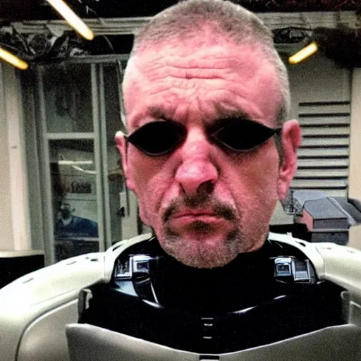 Image similar to grainy photo of an ugly man, wearing bionic implants, wearing bionic implants, robot criminal
