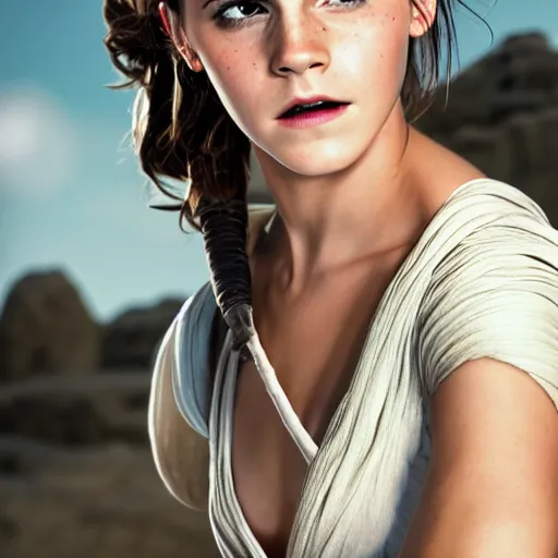 Prompt: Emma Watson modeling as Rey in Star Wars, (EOS 5DS R, ISO100, f/8, 1/125, 84mm, postprocessed, crisp face, facial features)