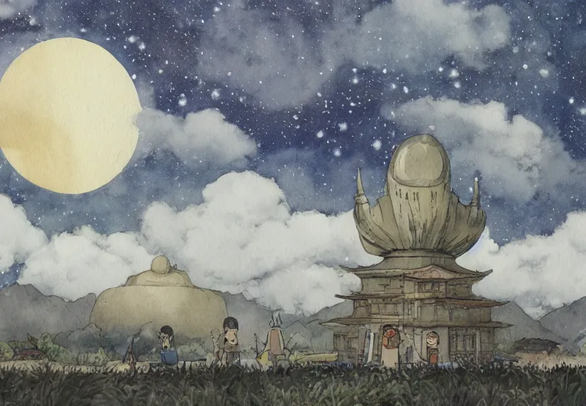 Image similar to a hyperrealist watercolor concept art from a studio ghibli film showing one giant grey aliens. a temple is under construction in the background in india on a misty and starry night. by studio ghibli. very dull muted colors