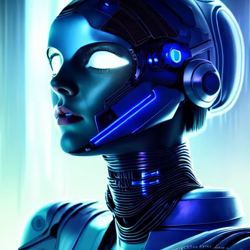 Prompt: woman in hitech armor costume with dark bobcut haircut with friendly blue eyes and slim features looking askance, cyberpunk bionics, retro - futurist style, intricate, elegant gleaming jewelry, angelic halo, highly detailed, digital painting, artstation, concept art, smooth, sharp focus, illustration, art by wlop, mars ravelo and greg rutkowski