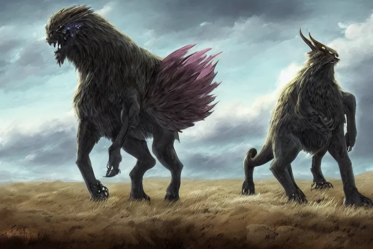 Image similar to beasts of the steppe, fantasy creature designs in an atmospheric landscape