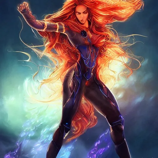 Image similar to front portrait hands behinds pose of attractive Starfire with ginger wavy hair, hands behind her pose!, Intricate overlay flames imagery , D&D!, fantasy style, sharp focus!, ultra detailed, art by Artgerm and Peter Andrew Jones, WLUP