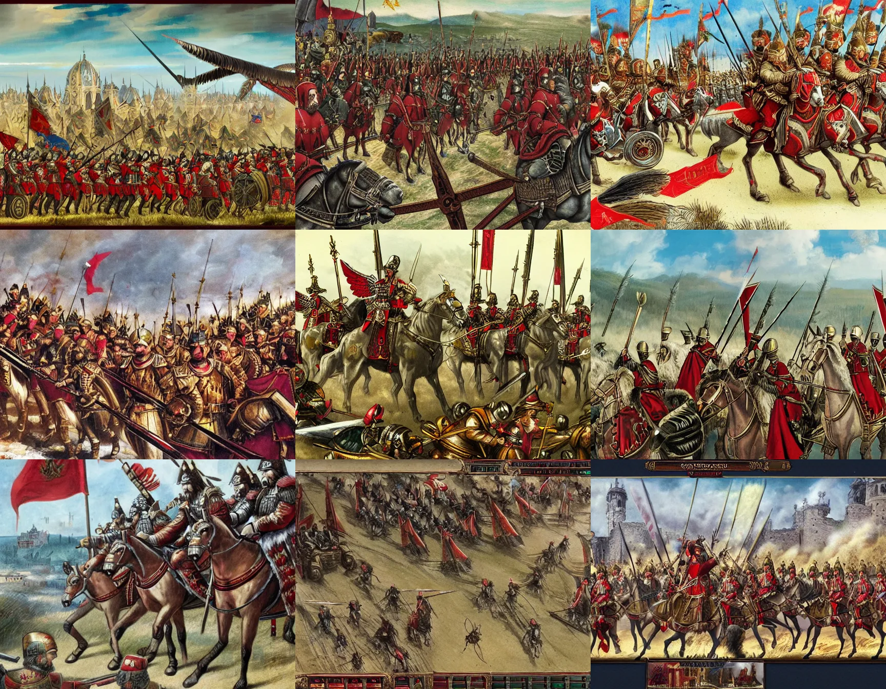 Prompt: Winged Hussars arrive, at the Siege of Vienna, loading screen art for the game 'Europa Universalis 4'