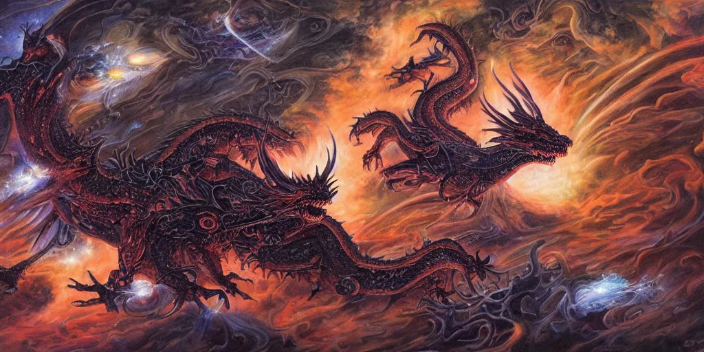 Prompt: evil cosmic demon alien dragon demigods flying through outer space consuming earth, dan seagrave art