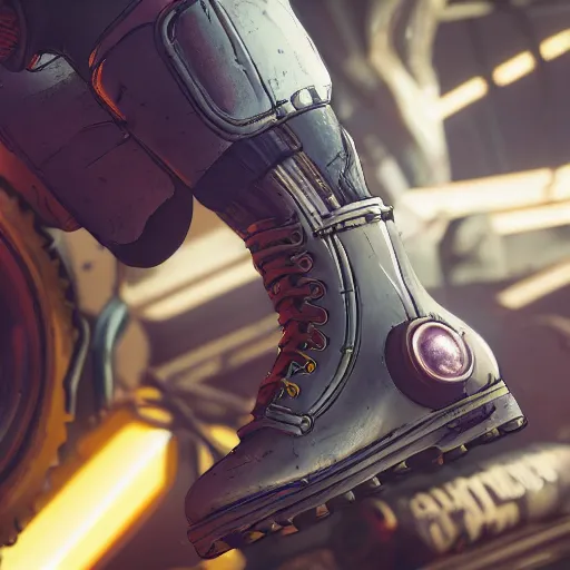Image similar to a mechanic boots in the borderlands 3 style, close - up, cinematic shot, intricate, ornate, photorealistic, ultra detailed, realistic, 1 0 0 mm, photography, octane, high definition, depth of field, bokeh, 8 k, behance, artstation