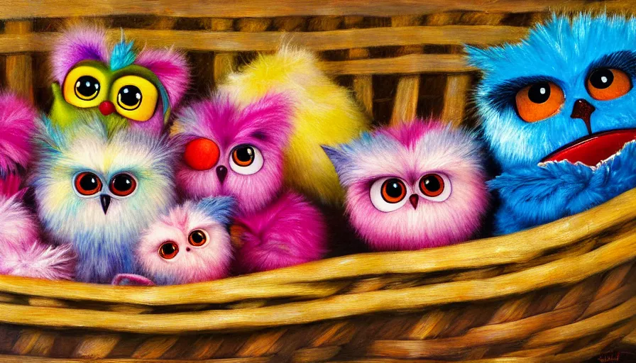 Image similar to highly detailed painting of 9 0 s furby toys cuddling up in a basket by william turner, thick brush strokes and visible paint layers, 4 k resolution