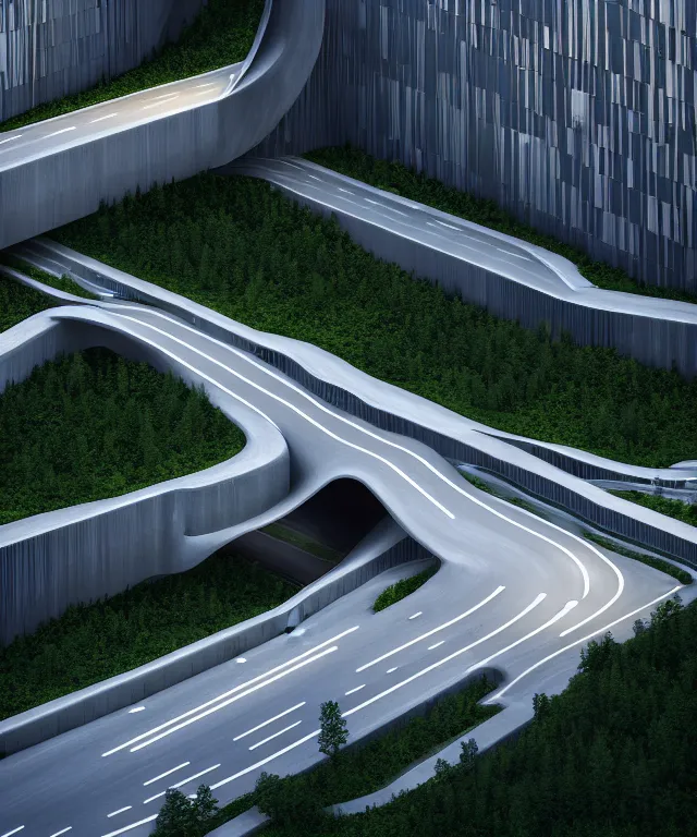 Image similar to denis villeneuve establishing shot of modern bjarke ingels condo building and gotthard tunnel entrance combined, roads tunnel under bjarke ingels condo building, lush nature environment, beautiful lighting, scifi artstation digital concept art, unreal engine, hyper realism, realistic shading, cinematic composition, blender render, octane render, wide shot