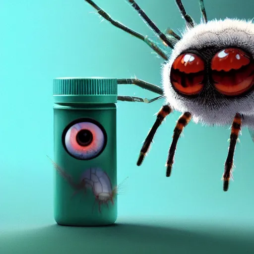 Image similar to a bottle with a cute small fluffy spider with huge eyes inside, digital illustration, cartoon creature, vivid color, soft light, nice, cute, beautiful, masterpiece, tranding on artstation, very detailed, 3 d render, by pixar