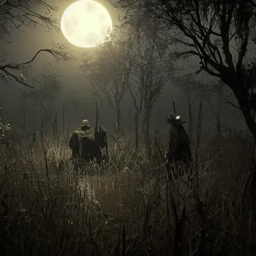 Prompt: hunters from hunt showdown walking through a swamp at night, full moon, vegetation, horror, back lighting, realistic details