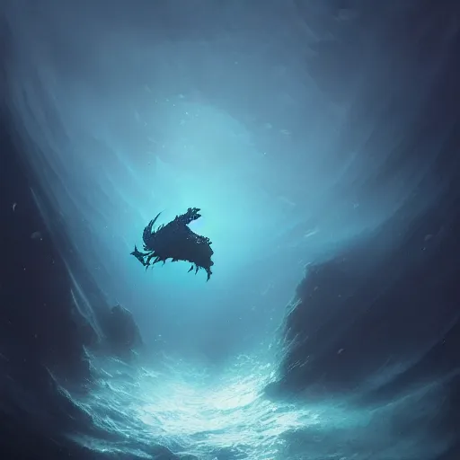 Image similar to Underwater sea dragon, bioluminescent, eerie, emotion, scenery, oil painting, Tooth Wu, Greg Rutkowski, RPG, dynamic lighting, fantasy art, high contrast, depth of field