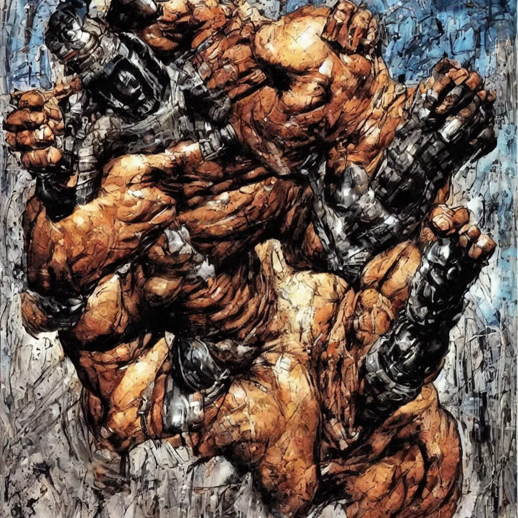 Image similar to art style simon bisley, big african superhero raising fist