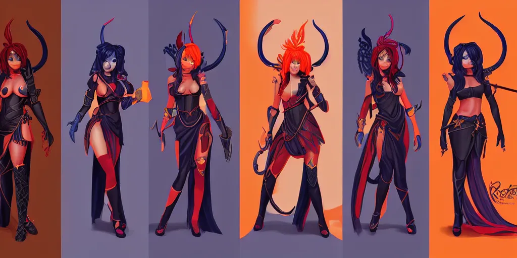 Image similar to triptych of youthful female feminine horned tiefling female bard with long bob cut blue hairstyle, her skin is tangerine, she has immaculate skin and pure black eyes and is wearing colorful leather armor by rossdraws,