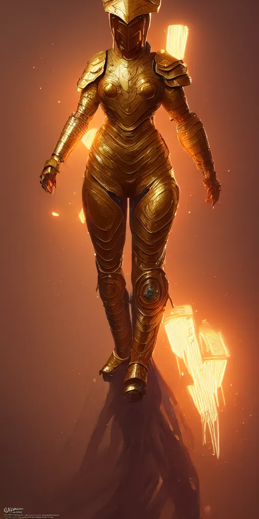 Image similar to hyper realistic and highly detailed of a woman golden armor, greg rutkowski, zabrocki, karlkka, jayison devadas, intricate, trending on artstation, 8 k, unreal engine 5, pincushion lens effect