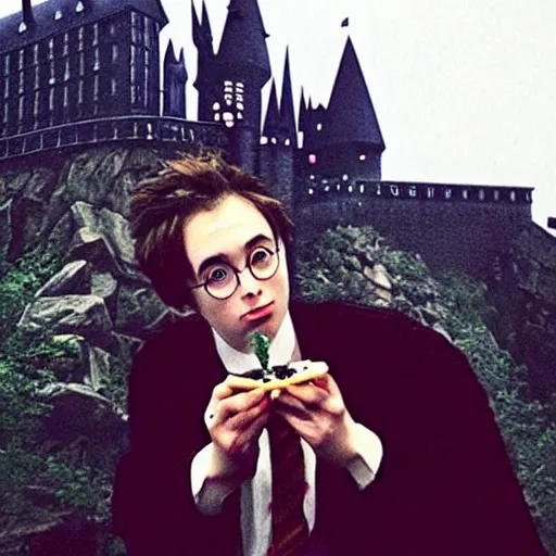 Image similar to “Harry Potter smoking a blunt of marijuana on top of Hogwarts castle”