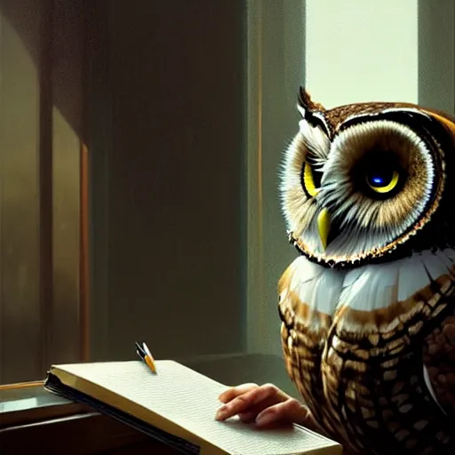 Image similar to a wise owl reviewing texts in a computer, art by greg rutkowski, intricate, elegant, highly detailed, smooth, sharp focus, artstation