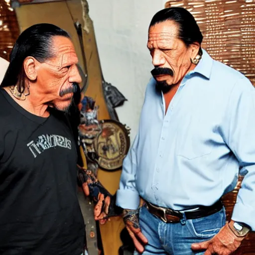 Prompt: danny trejo talking to danny trejo about prices of machetes in the free country of america