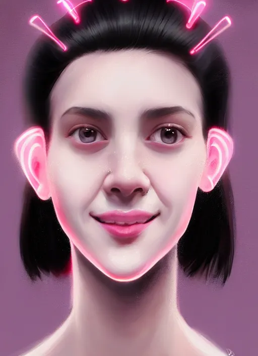 Image similar to portrait of high school girl, realistic, black hair, bangs, half updo hairstyle, pointy nose, skinny, smile, ugly, defined jawline, big chin, pink hair bow, earrings, intricate, elegant, glowing lights, highly detailed, digital painting, artstation, sharp focus, illustration, art by wlop, mars ravelo and greg rutkowski