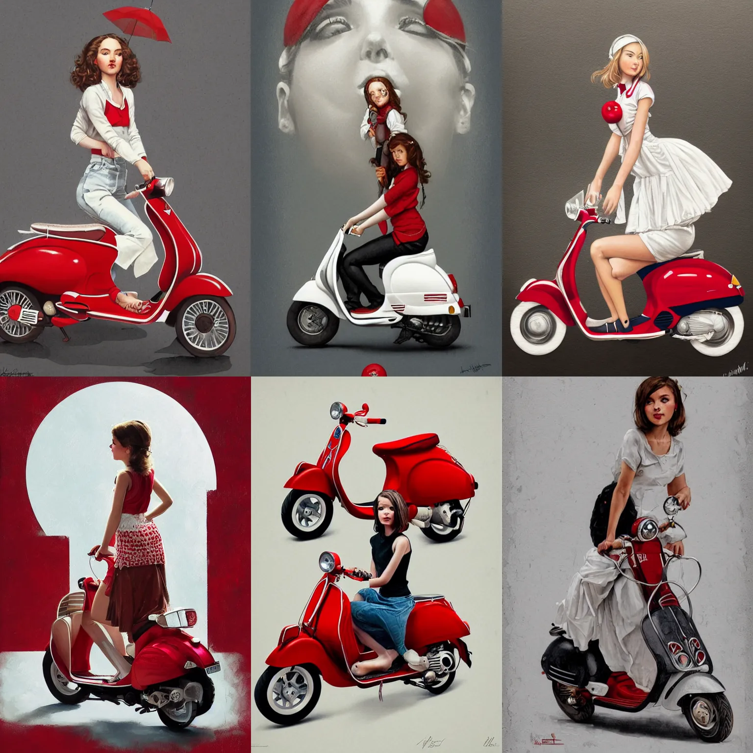 Prompt: a cute young woman and her white and cherry red vespa on white background, intricate, highly detailed, digital painting, artstation, concept art, smooth, sharp focus, illustration, art by norman rockwell, emiliano ponzi, andrey remnev, yoann lossel, aaron jasinski, 8 k