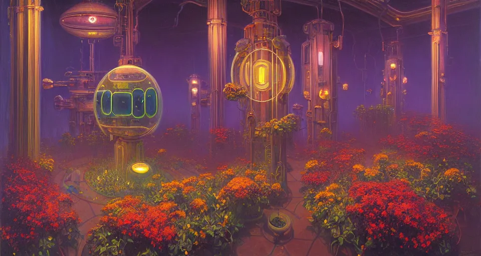 Image similar to a bright minimalist bioluminescent oil painting by donato giancola, warm coloured, cinematic scifi luxurious futuristic foggy steam filled victorian garden with microscopy radial windows flowers growing out of pretty bulbous ceramic fountains, gigantic pillars and flowers, maschinen krieger, beeple, star trek, star wars, ilm, atmospheric perspective