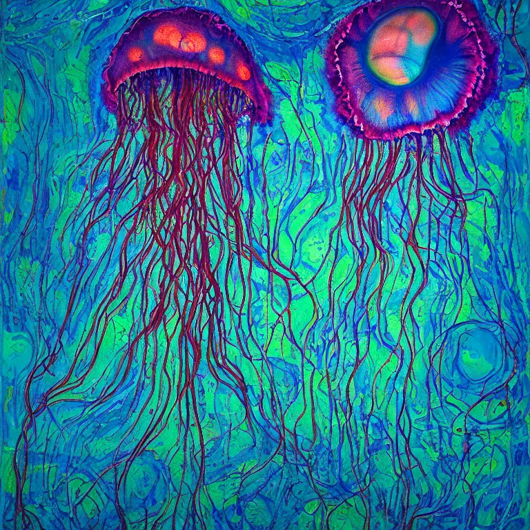 Prompt: Hyperrealistic intensely colored studio Photograph portrait of a deep sea psychedelic bioluminescent jellyfish deep underwater in darkness long exposure, award-winning nature deep sea expressionistic impasto heavy brushstrokes oil painting by Fabian Marcaccio and Jean Dubuffet and Audubon vivid colors hyperrealism 8k