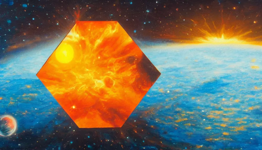 Prompt: the sun being blocked by a hexagon in space, planet earth in the foreground, oil painting