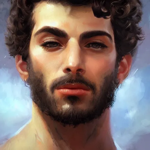 Image similar to portrait of a young italian male, dark shoulder length very curly hair, round nose, angular eyebrows, short patchy beard, closeup portrait, elegant, highly detailed, oil painting, artstation, concept art, matte, sharp focus, illustration, hearthstone, art by earl norem