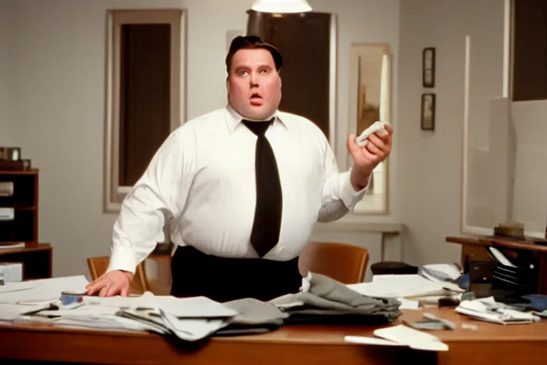 Image similar to cinematic film still from 1994 film: portly clean-shaven white man wearing suit and necktie at his desk, kicking his right foot in the air, XF IQ4, f/1.4, ISO 200, 1/160s, 8K, RAW, dramatic lighting, symmetrical balance, in-frame