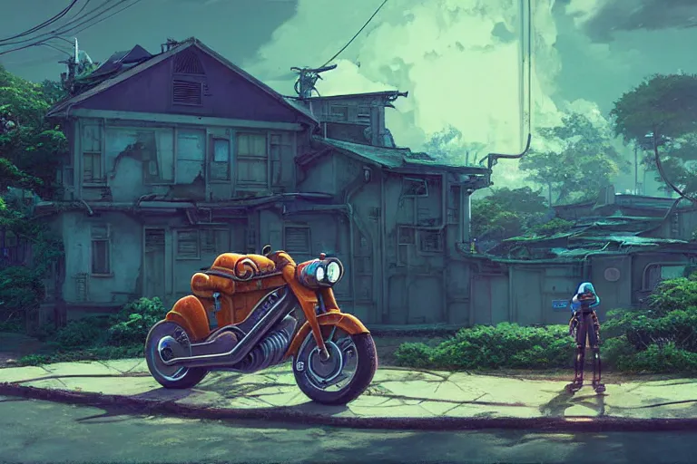 Image similar to retro futuristic science fiction motorcycle parked in front of a dilapidated old house, medium shot, studio Ghibli, Pixar and Disney animation, sharp, very detailed, high resolution, Rendered in Unreal Engine 5, anime key art by Greg Rutkowski, Bloom, dramatic lighting, colorful