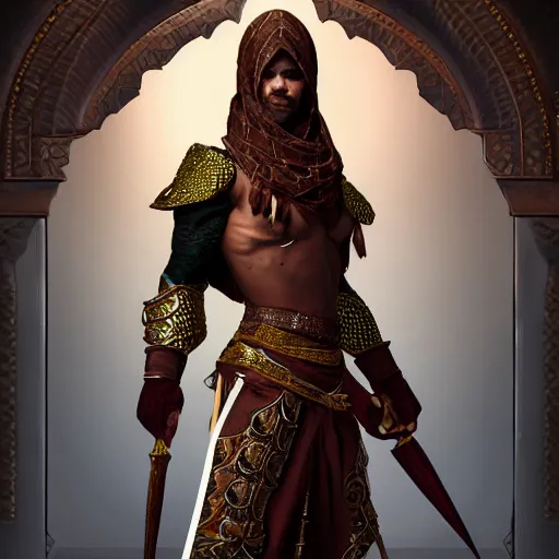 Image similar to D&D rogue character art Arabian warrior, intricate ornate armor, muscle, full body portraits, 35mm, position, cinematic litghing, realism concept art composition, ultra realistic, realism, cinematic, photorealistic, epic scene, low-key lighting, renderman, physically based render, dolby vision, 4k, super detailed, 8K, fantasy, detailed painting, long neck, long anatomy, mixed up, extra anatomy, style of charlie bowater, tom bagsgaw, artgerm, rule of thirds