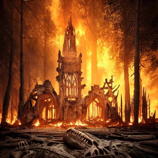 Image similar to hyperrealistic photograph of the norway wood churches burned to the ground, fire, giant bones, skeletons, dim volumetric lighting, octane beautifully detailed render, extremely hyper detailed, intricate, epic composition, cinematic lighting, masterpiece, trending on artstation, very detailed, stunning, hdr, smooth, sharp focus, high resolution, award, winning photo