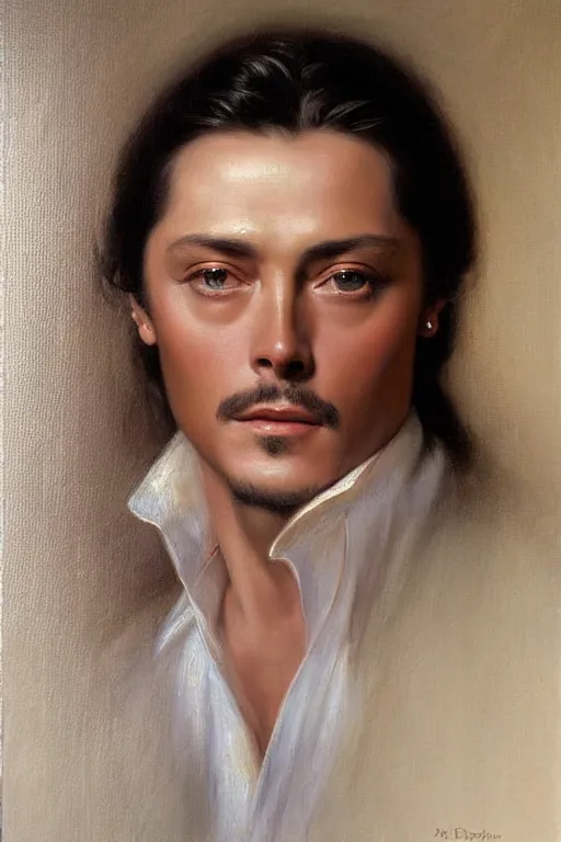 Image similar to portrait en buste alain delon by mark arian, by hughes merle, by pierre auguste cot, perfectly detailed eyes oil on canvas, masterpiece, realism,