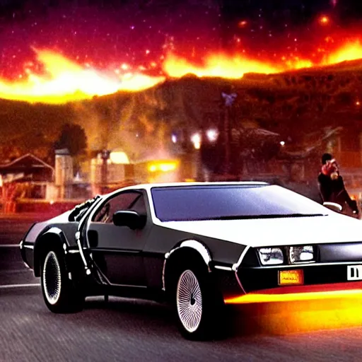 Image similar to knightrider chasing the back to the future delorean, cinematic