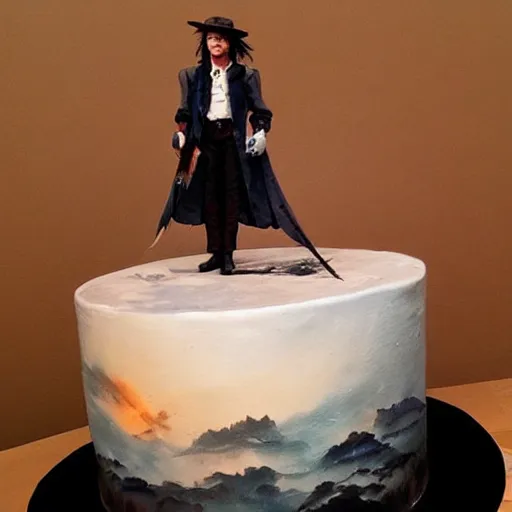 Prompt: johnny depp wearing a cake, warm fantasy, wenjun lin, studio ghibli, artgerm