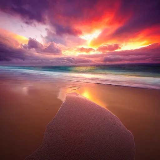 Prompt: beach photography by marc adamus, sunset, clouds, beautiful'gives instant pleasant looking photography - like images