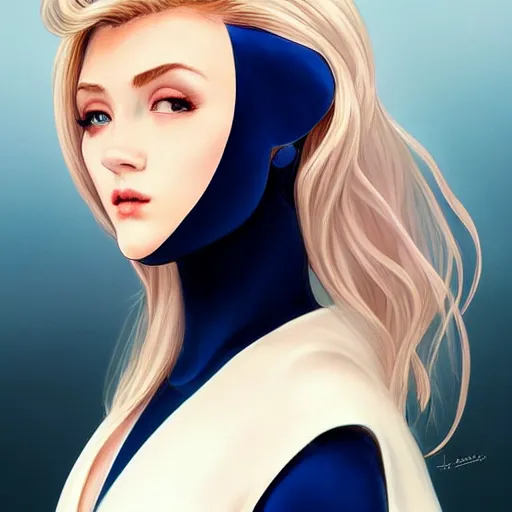 Image similar to a beautiful portrait of a beautiful cute kawaii superhero woman, blonde hair, matte navy - blue bodysuit, white cape, intricate, elegant, 8 k, highly detailed, digital painting, concept art, smooth, sharp focus, illustration, disney, anime, by artgerm and loish and wlop and alphonse mucha