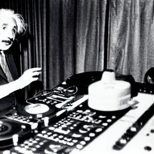 Image similar to photo of albert einstein as a dj behind the dj decks in the club with headphones on and in a cool pose