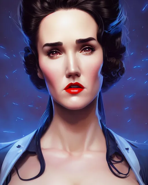 Image similar to a pin up and beautiful fashion charming dreamlke jennifer connelly, symmetrical face symmetrical eyes, character art, art by artgerm lau and wlop and and ilya kuvshinov and john singer sargent, joshua middleton comic art, hyperdetailed, 8 k realistic, symmetrical, frostbite 3 engine, cryengine, digital art