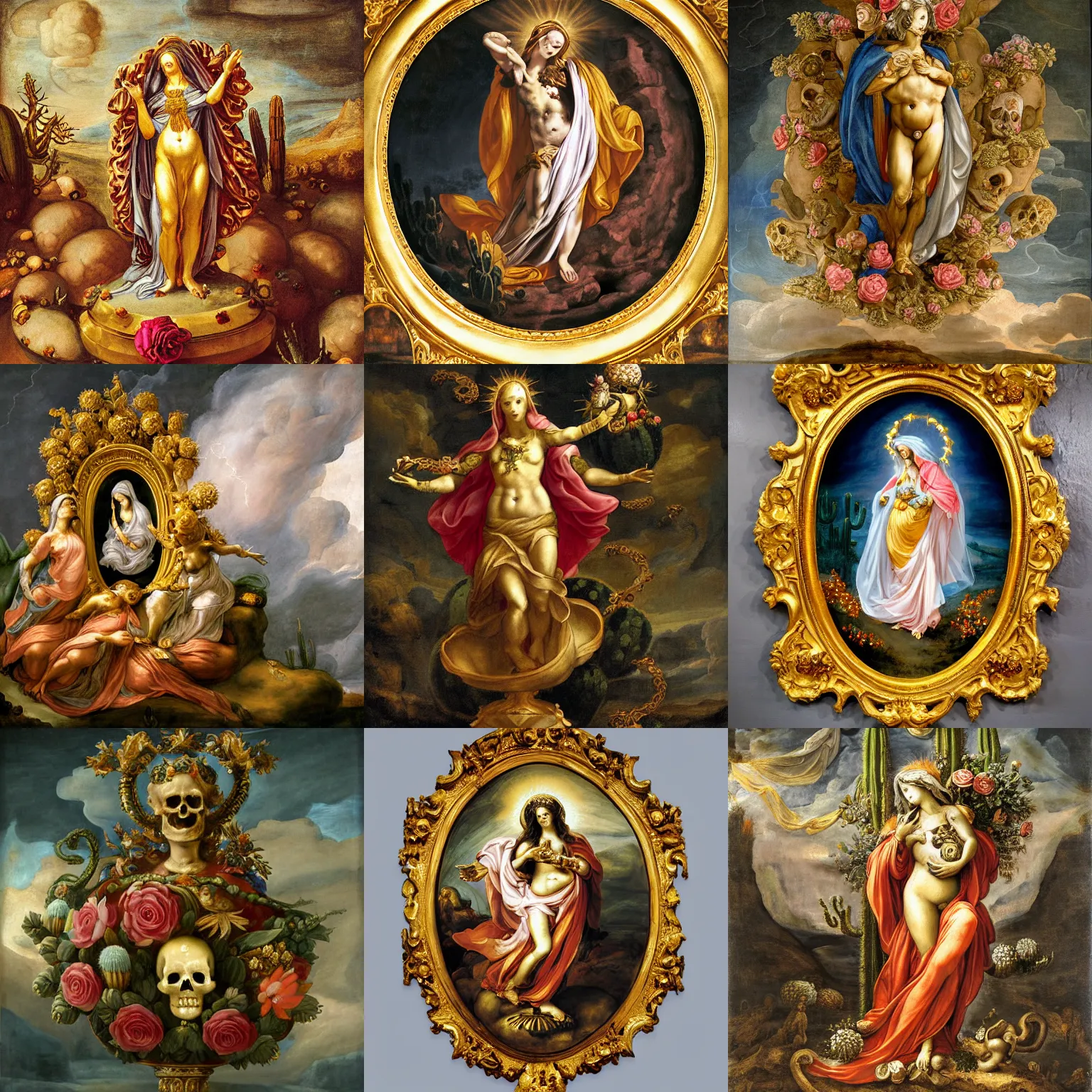 Prompt: michael angelo painting of glowing full body elegant ornamented virgin mary saint golden skull face dressed in fancy rococo attire standing over a roman gold-made pedestal in a barren land with cactus. stormy weather. apocalypsis. skleletons roses and serpents on the floor