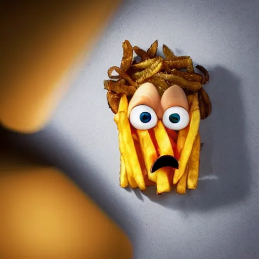 Image similar to photo of [ a single salted french fry chip ] shaped like that looks like stephen fry as a pixar character hybrid intercross mix cinematic lighting